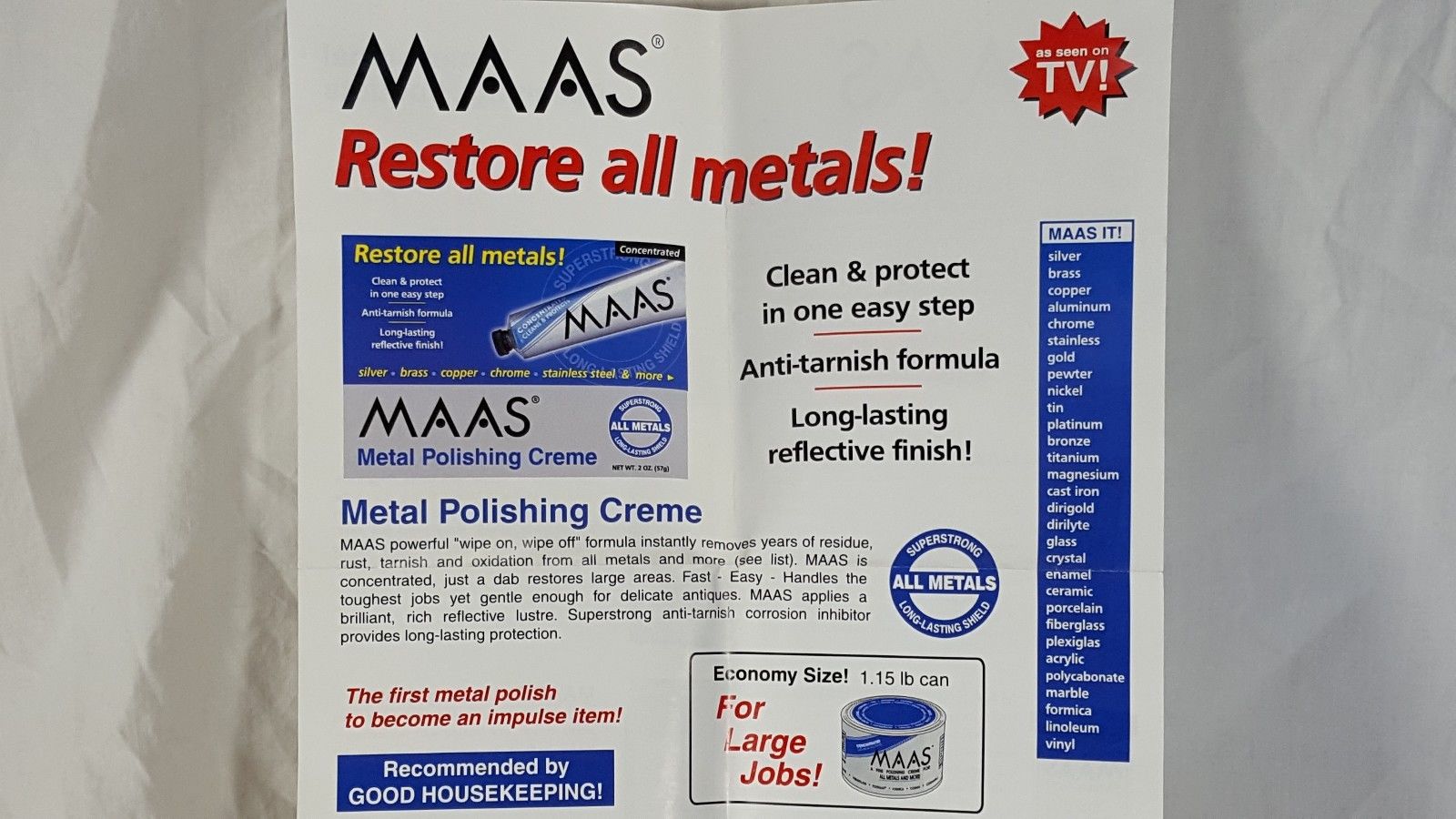 1 Original Maas Metal Polishing Creme 2oz Tube #91403 ALL METALS Silver Glass Copper Gold - idontmakeitisellit